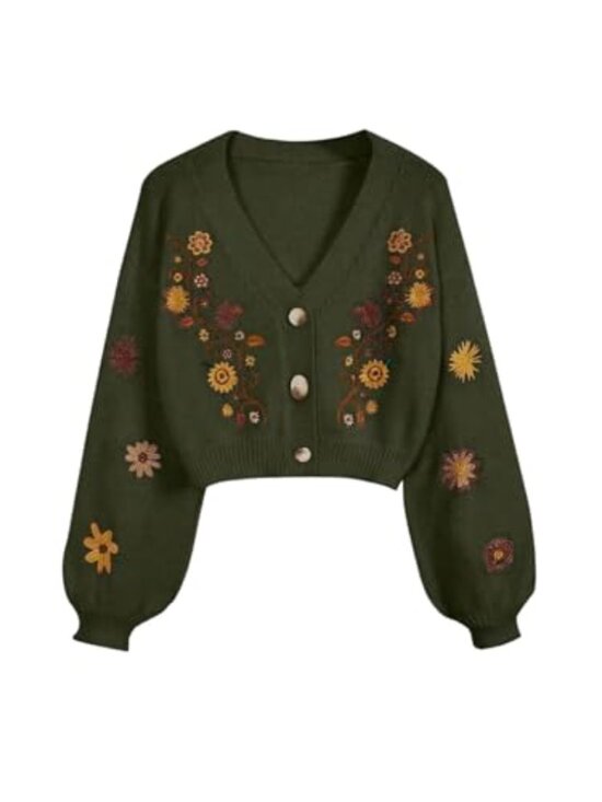 Sweaters - Floral Button Down Cardigan Long Sleeve V Neck Ribbed Knit Sweater